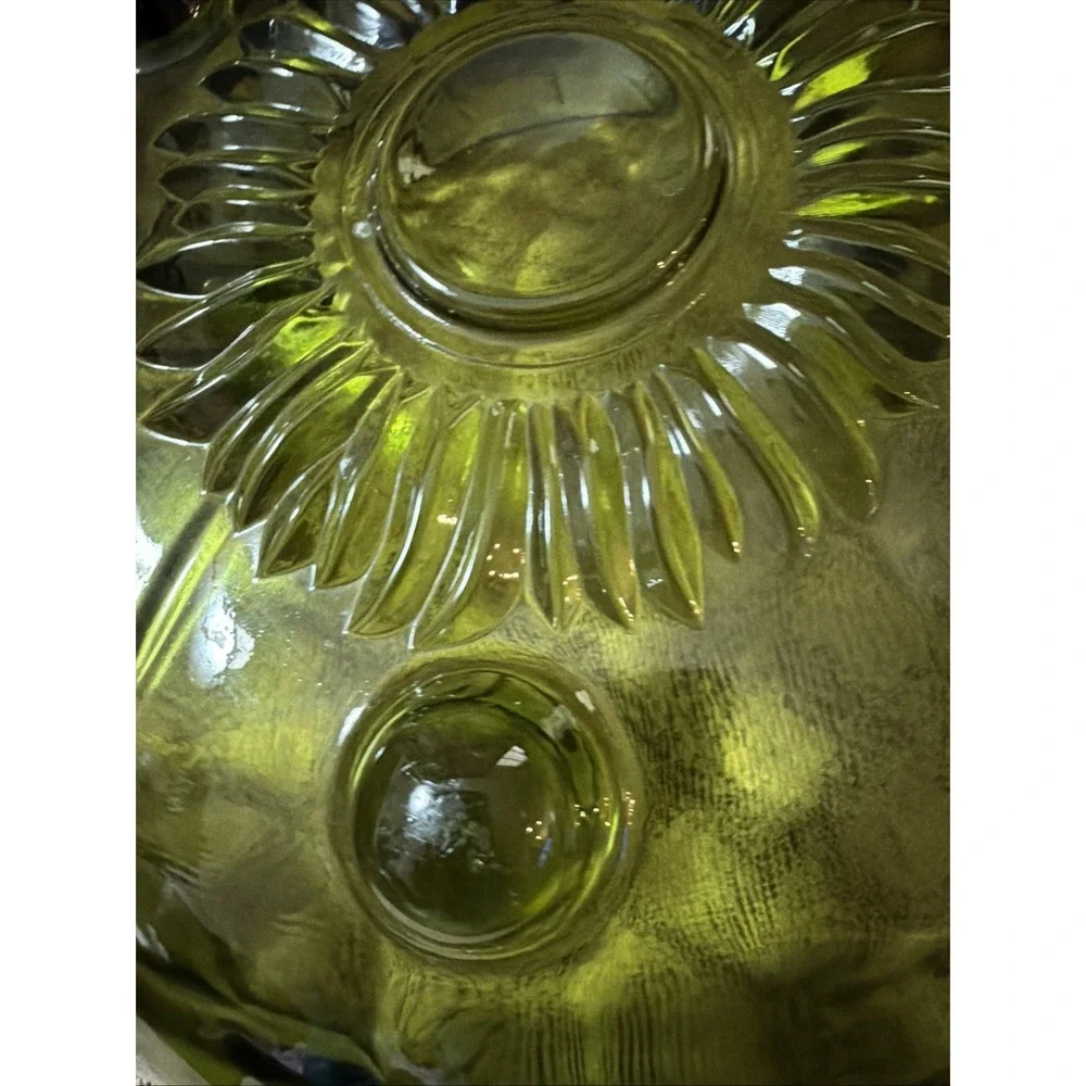 Avocado Green Indiana Glass Scalloped Sunflower Footed Serving Bowl 11